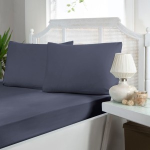 Set husa de pat cu elastic si 2 fete de perna, bumbac satinat, albastru, 200x200 cm, potrivit pentru un dormitor elegant