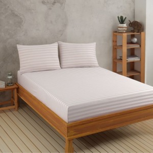 Set husa de pat cu elastic si 2 fete perna, bumbac poliester, 160x200cm, bej cu dungi