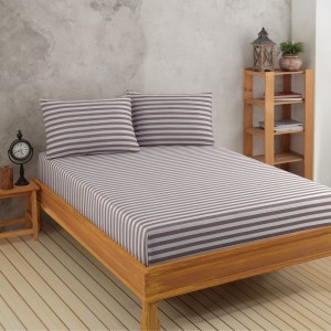Set husa de pat cu elastic si 2 fete perna, bumbac poliester, 160x200cm, maro cu dungi