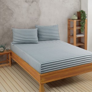 Set husa de pat cu elastic si 2 fete perna, bumbac poliester, 160x200cm, verde cu dungi