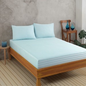 Set husa de pat cu elastic si 2 fete perna, bumbac poliester, 160x200cm, verde menta cu dungi