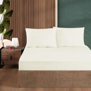 Set husa de pat cu elastic si 2 fete de perna, bumbac ranforce, Crem, 140x200 cm, potrivita pentru saltele de pana la 30 cm inaltime