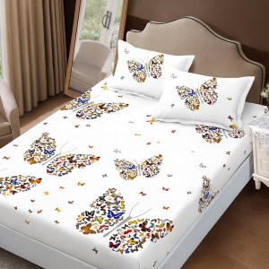 Set husa de pat cu elastic finet alba cu fluturi 160x200cm