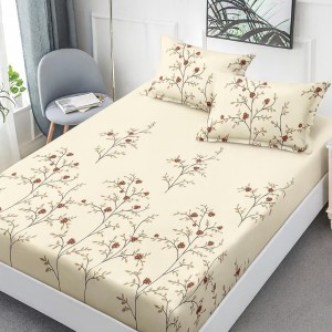 Set husa de pat cu elastic finet crem cu floricele 160x200cm