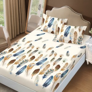 Set husa de pat cu elastic finet crem cu pene 160x200cm