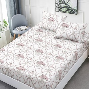 Set husa de pat cu elastic finet floricele roz 160x200cm