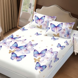 Set husa de pat cu elastic finet fluturi mov 160x200cm