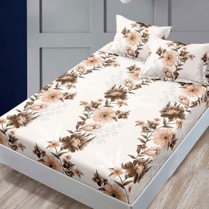 Set husa finet Floral Bej-Maro 160x200 cu 2 fete de perna, fixare perfecta