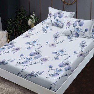 Set husa finet floral bleu-mov 160x200 cu 2 fete de perna, fixare perfecta
