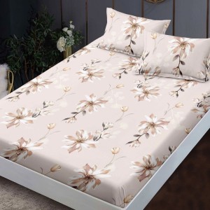 Set husa finet floral pastel bej - crem 160x200 cu 2 fete de perna, fixare perfecta