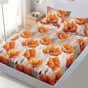 Set husa finet cu maci portocalii 160x200 cu 2 fete de perna, fixare perfecta