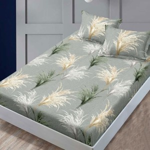 Set husa finet pampas bej/verde 160x200 cu 2 fete de perna, fixare perfecta