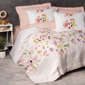 Set pat 4 anotimpuri bumbac 100% ranforce pentru o persoană, Cotton Box Emma, cu model floral pastel pe fundal alb, textură moale și elegantă