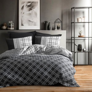 Set pat 4 anotimpuri bumbac 100% ranforce Cotton Box Carlos, cu imprimeu în carouri alb-negru pe fundal gri, stil modern și masculin
