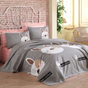Set pique Lenjerie si Cuvertura bumbac 100%, 4 piese, Eponj Home, Iepurasi