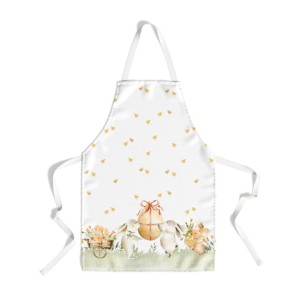 Sort de bucătărie Londy din bumbac 100% cu iepurași adorabili purtând un ou de Paște, decorat cu flori și puișori aurii pe fundal alb.