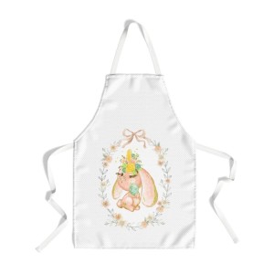 Șorț de bucătărie cu design primăvăratic, ilustrând un iepuraș cu coroniță florală, ideal pentru sărbătorile de Paște