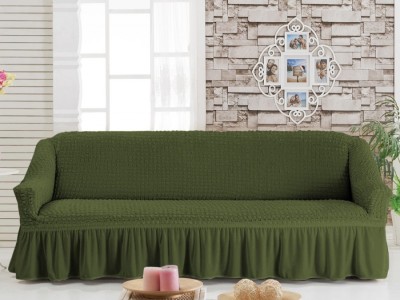 Husa elastica din material creponat, cu volan, pentru canapea 3 locuri, Verde (Green)