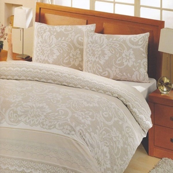 Lenjerie de pat Natura din bumbac ranforce cu design floral clasic crem