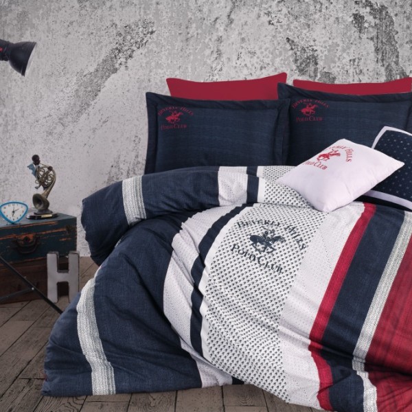 Lenjerie de pat dublu cu model dungi albe și roșii pe fundal albastru, din bumbac 100% ranforce, Beverly Hills Polo Club