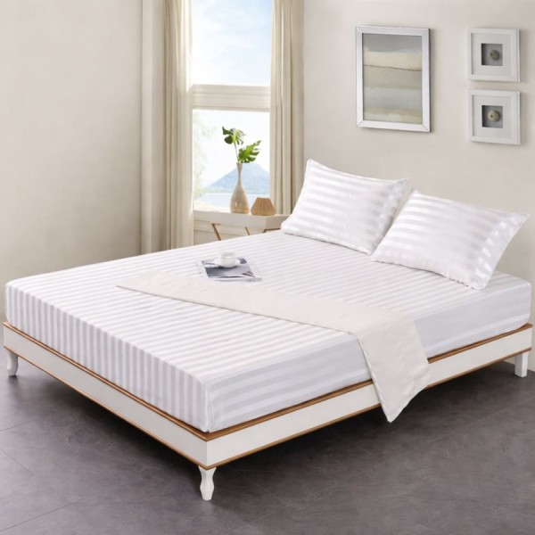 cearceaf de pat cu elastic damasc alb bumbac 100% Ralex Pucioasa 160x200 cm dunga 3 cm