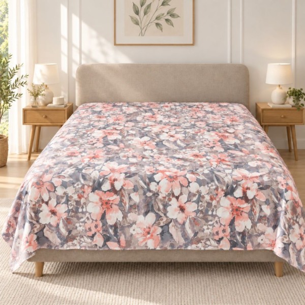 Cearsaf de pat Joly Ecru floral 260x280 cm, cu flori roz somon, crem si frunze gri pe fond ecru