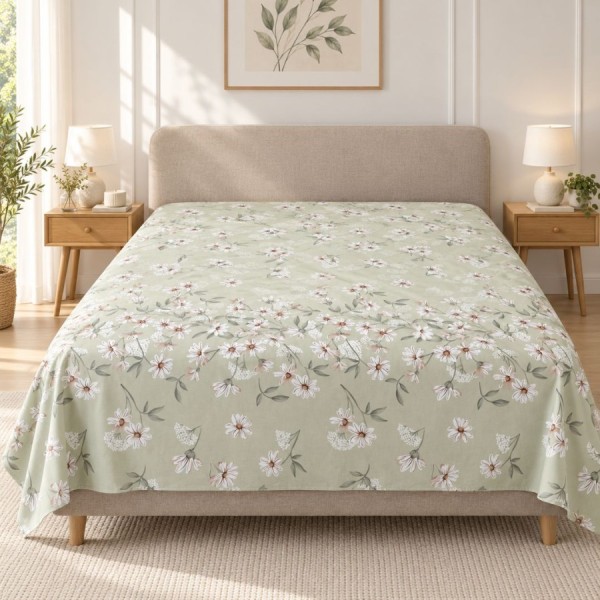 Cearsaf de pat Nevada Mint 260x280 cm, verde menta cu flori albe si roz pudrat, Homesko