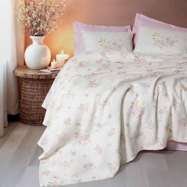 Cuvertura bumbac cu flori roz si lila Petal Roz, cearceaf si fete de perna