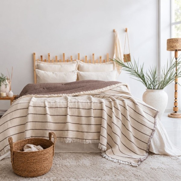 Cuvertura muselina jacquard 160x240 cm Sante Maro Saheser Home, crem cu dungi maro