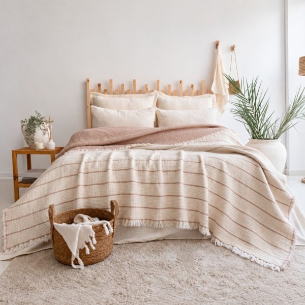 Cuvertura muselina jacquard 220x240 cm Sante Bej Saheser Home, crem cu dungi bej