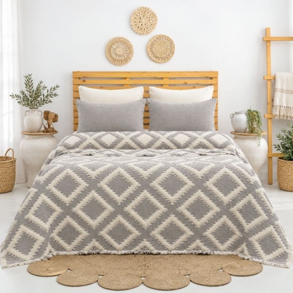 Cuvertura muselina Sonia gri 240x260cm Saheser Home, model geometric