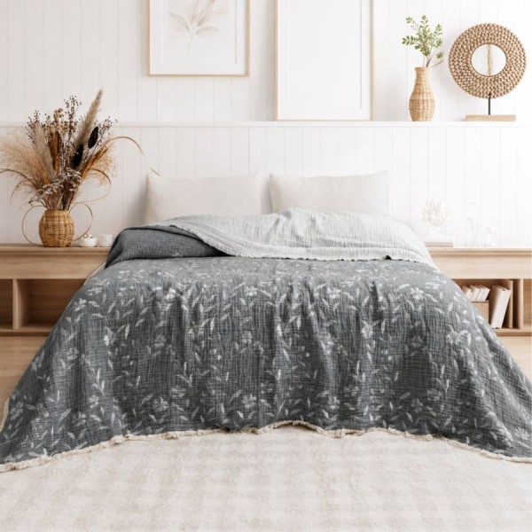 cuvertura muselina 220x240 cm Victoria Gri cu doua fete si model floral jacquard