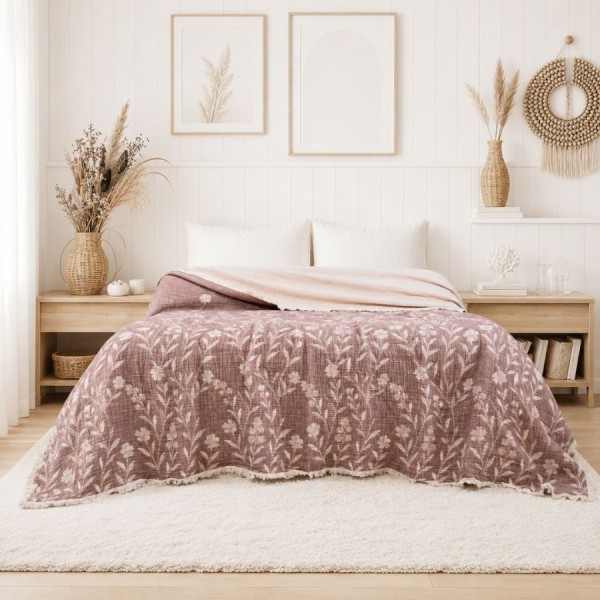 Cuvertura muselina 220x240 cm Victoria Roz inchis cu doua fete si model floral jacquard