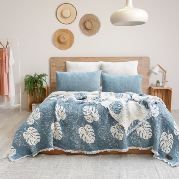 Cuvertura muselina Saheser Home Forest Bleu cu frunze Monstera