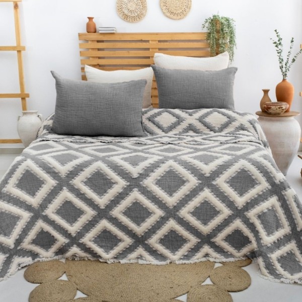 Cuvertura muselina Sonia Antracit 240x260cm Saheser Home, model geometric