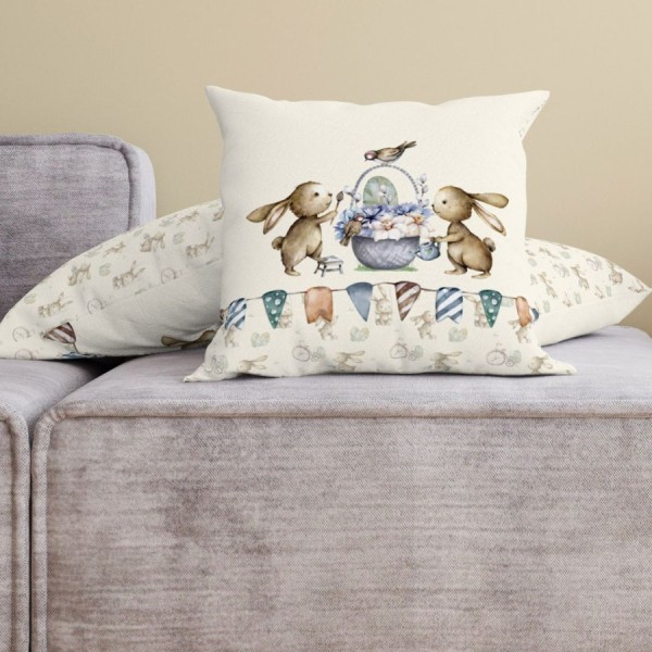 fata perna decorativa Paste 45x45 cm bumbac 100% Feta cu iepurasi si oua decorative