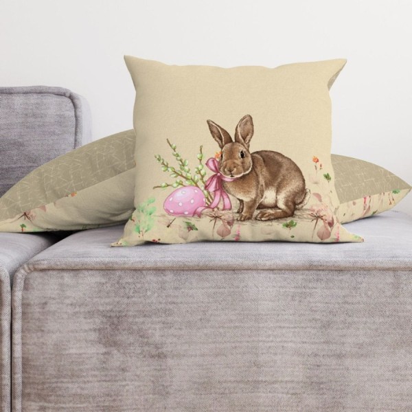 Fata perna decorativa 45x45 cm bumbac 100 model Maddi cu iepuras si fundita roz