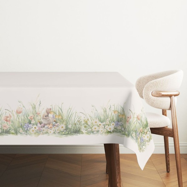 Fata de masa Paste 140x320 cm bumbac 100% Tuli cu flori, iepurasi si oua pastel imprimeu digital