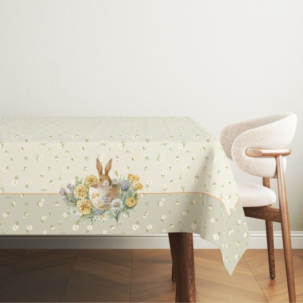 Fata de masa Paste 140x220 cm bumbac 100% Roco cu aranjament floral colorat si iepuras