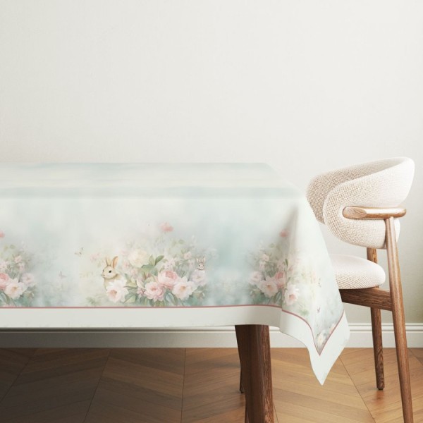 Fata de masa Paste 140x320 cm bumbac 100% Romeo cu flori multicolore si iepurasi pastel