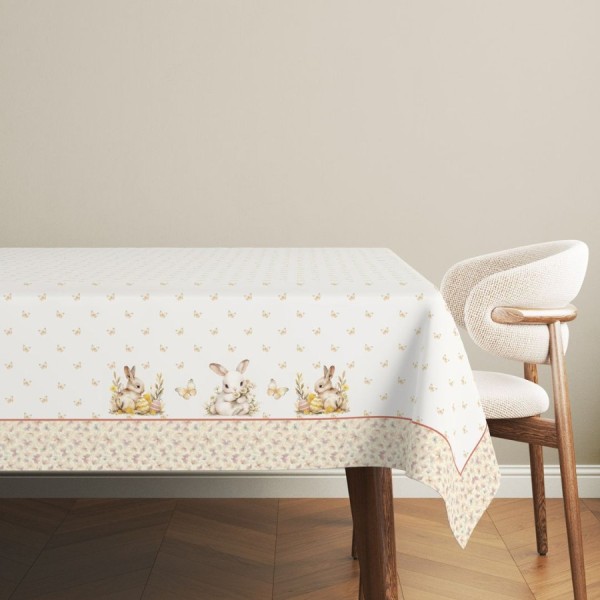 Față de masă Ginny, bumbac 100%, cu iepurași, fluturi aurii și detalii florale pe un fundal pastelat, perfectă pentru decorul zilnic