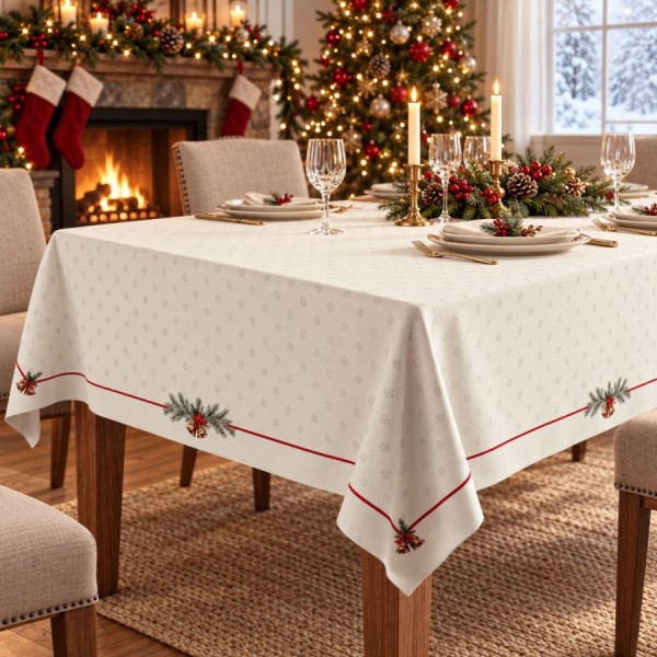 Fata de masa Craciun Holly crem cu fulgi de zapada, clopotei si bordura rosie, 140x320 cm, bumbac 100%