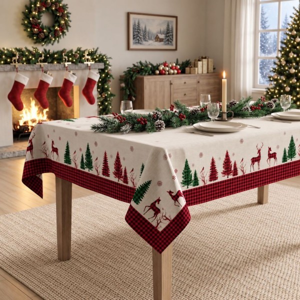 Fata de masa Craciun Santa crem 140x320 cm cu reni, brazi si bordura in carouri rosii si negre