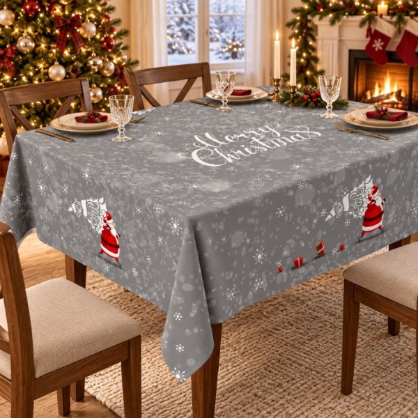 Fata de masa Craciun Dexy Gri 140x220 cm cu Mos Craciun, brad alb si mesaj Merry Christmas