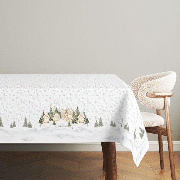Fata de masa craciun snowy bumbac 100 cu brazi si casute 140x180cm
