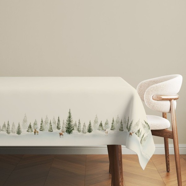 Fata de masa craciun pine bumbac 140x320cm cu brazi si reni