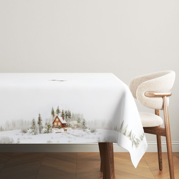 Fata de masa craciun glow bumbac 100% 140x220cm cu cabana si peisaj de iarna
