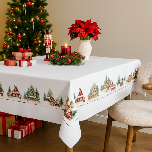 fata de masa craciun cabin bumbac 100% 140x220cm cu cabane si brazi