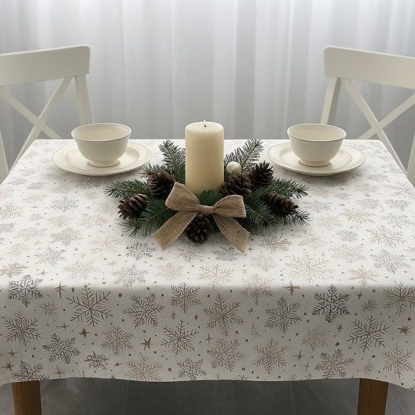 Fata de masa Craciun bumbac teflonat rotunda 140 cm fulgi argintii