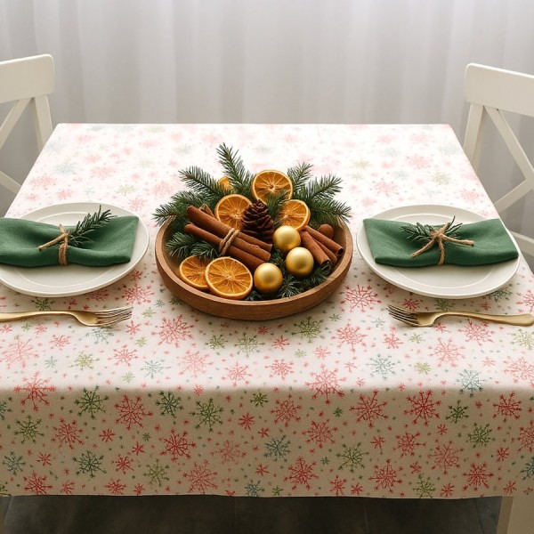 Fata de masa Craciun bumbac teflonat rotunda 140cm fulgi colorati in nuante de verde si rosu